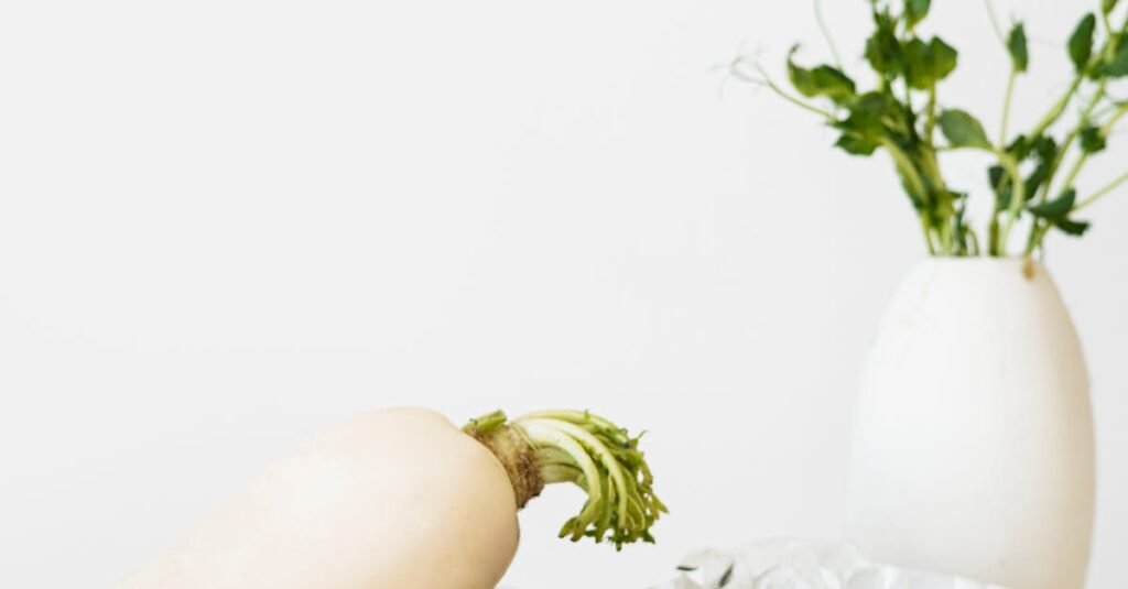秋天吃什么最养生?中医视角下的秋季进补指南 2 A beautifully arranged still life featuring cheese, daikon, and greens in a minimalist style.